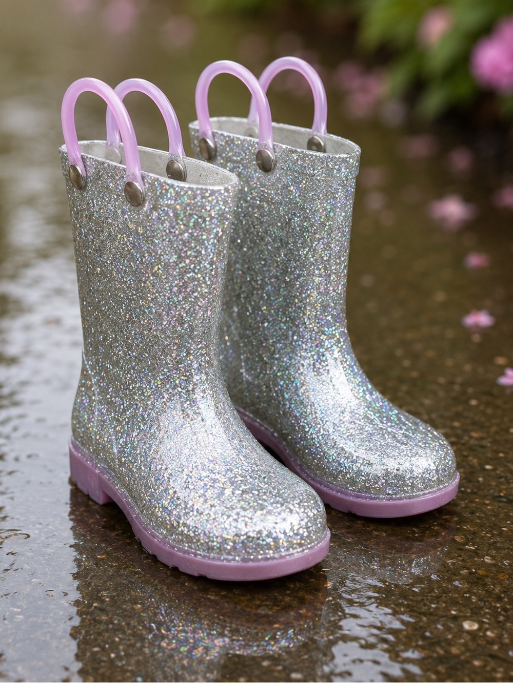 Western Chief Abby Glitter Light-Up Silver Rain Boots Girls Size 8 Toddler